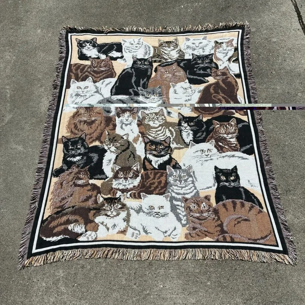 VTG Goodwin Weavers Cat Tapestry Blanket Woven Cotton Throw 